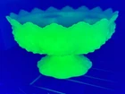 Vintage Fenton Bowl Uranium Vaseline Glass Custard Hobnail 6 Candle Holder
