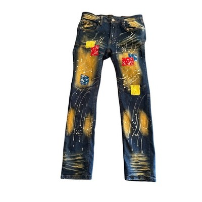 Encrypted Destroyed Distressed Paint Jeans Mens Size 20 Dark Blue Yellow  Denim