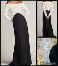 Tadashi Shoji Black Ivory Mixed Media Long Formal Lace Rhinestone Gown Sz 8 $558