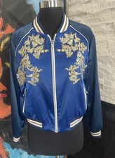 Maje Blue Bichon Embroidered Satin Bomber Jacket   Size 40