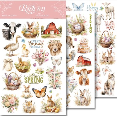 Spring Easter Rub-On Transfers Vintage Bunny, Floral, Farm Decals for DIY Crafts