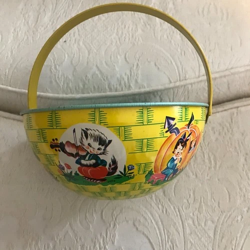 VTG 1940s J. Chein & Co. Tin Litho Easter Basket Nursery Rhyme Theme Teal