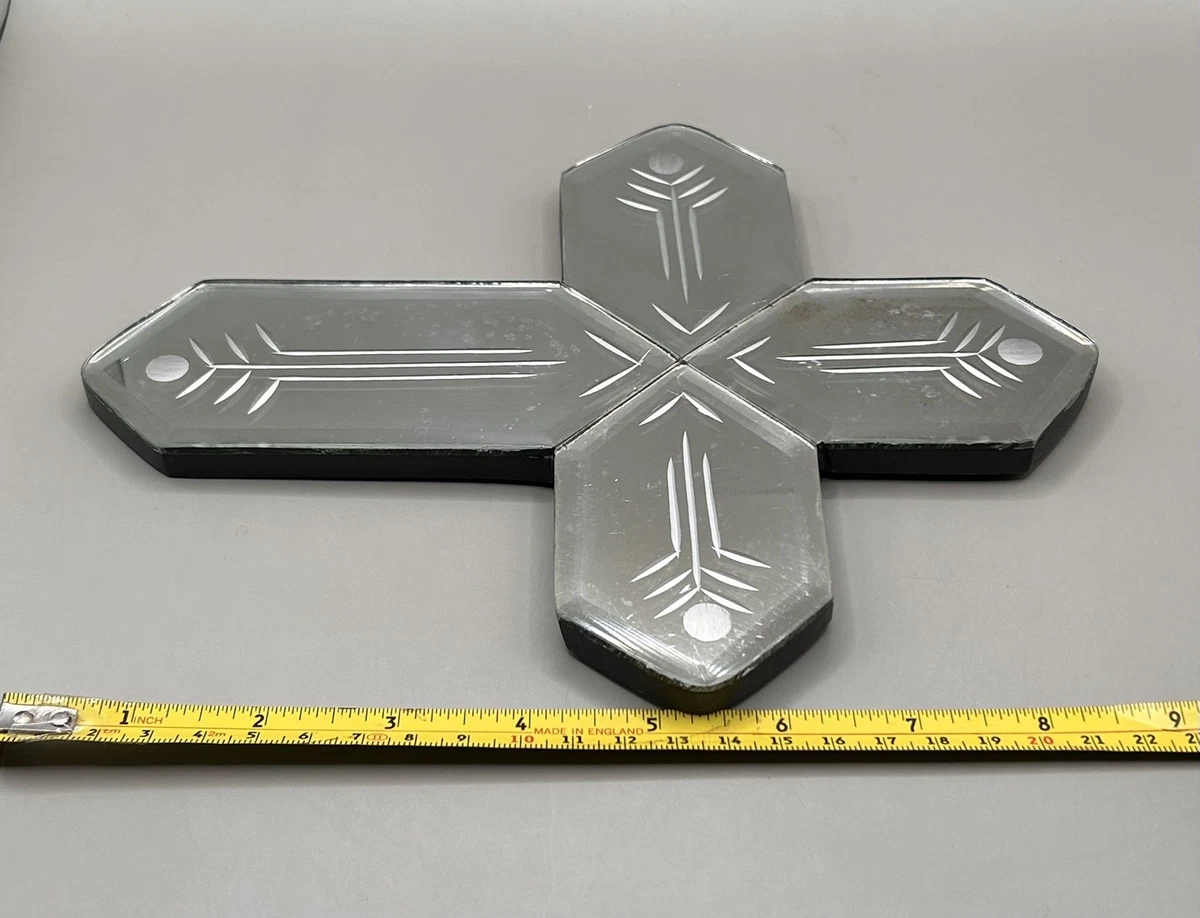 Vintage Etched Beveled Wall Mirror Cross Faith Religious Worship Icon Pray