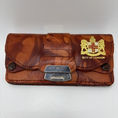 Vintage 70er City of London Leder Schlüssel Geldbörse Souvenir vergoldet Wappen Motto Boho -A