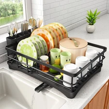 Dish Drying Rack Stainless Steel Large Capacity Drainer Cutlery Holder Black