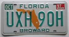 Florida 1997 BROWARD COUNTY License Plate NICE QUALITY # UXH 90H