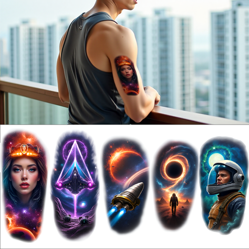 3pcs Temporary Tattoo Colorful Realism Galaxy Spaceship Planet For Thighs Men - Picture 2 of 15