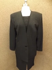 Jet Black Glass Rhinestones Two Piece Formal Suit Dress w/ Sparkle Knit Top 14