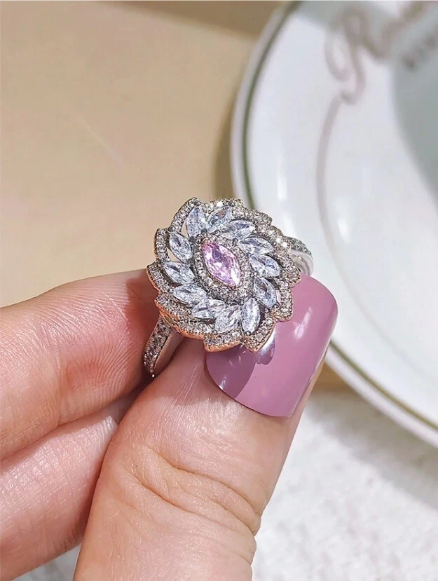 935 Silver With 6.56CT Simulated pink & White Sapphire Unique Flower Women Ring - Image 4 of 4
