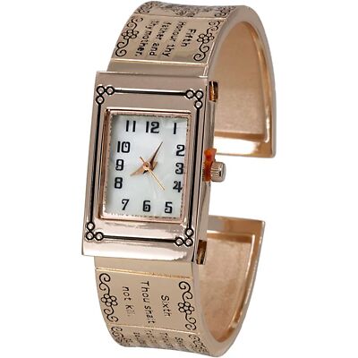 Blekon Women 21mm Ten Commandments Analog Quartz Watch with Cuff Bangle Bracelet