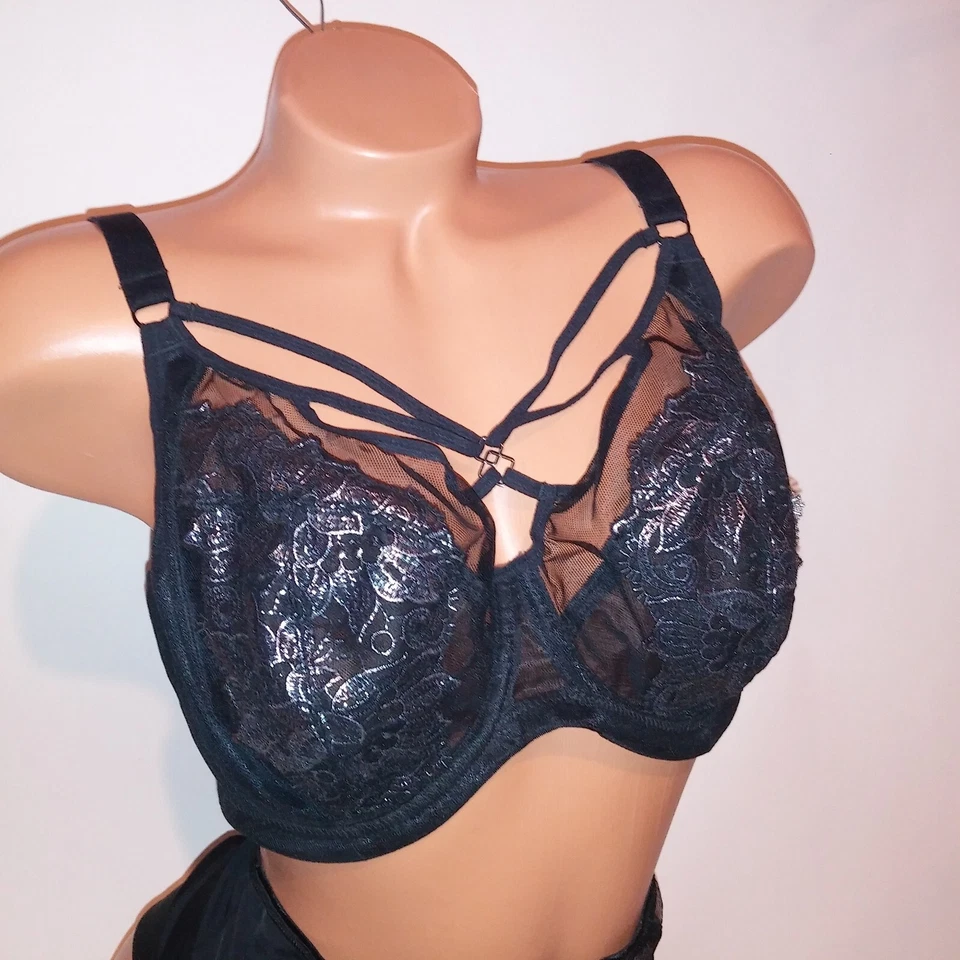 Juego de sujetador Elomi 36H sin forro bragas grandes negras plateadas transparentes con tiras metálicas nuevo Foto 4 de 4