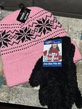 NWT 2 Pc Women Pink  Toboggan Winter Hat Cap Ski Snowflakes W/fuzzy Black Gloves