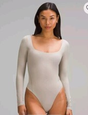 Lululemon Wundermost Ultra-Soft Nulu Square-Neck Bodysuit Sz L Large Mojave Tan