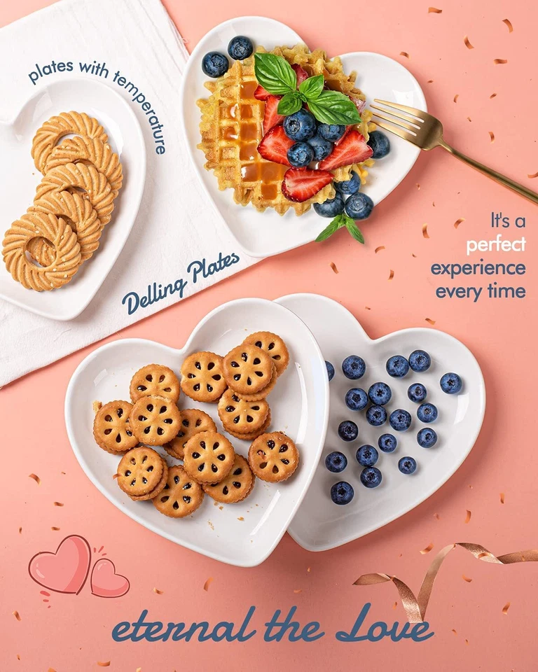 Heart Shaped Plates 6 Pack 7.3 In Ceramic White Dinner Dishes Microwave Safe - Image 3 of 4