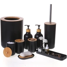 Matte Black Bathroom Accessories Set 9PCS,Bamboo Bathroom Accessori... Fast Ship
