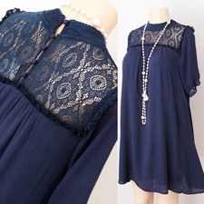 NEW Navy Blue Sheer Crochet Lace Yoke Mock Neck Short Sleeves BOHO Shift Dress