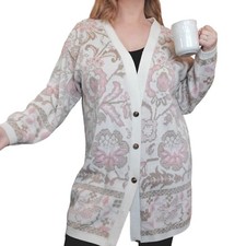 90s M L Cottage Core Cardigan Sweater Pastel Pink Brocade Floral Long Granny