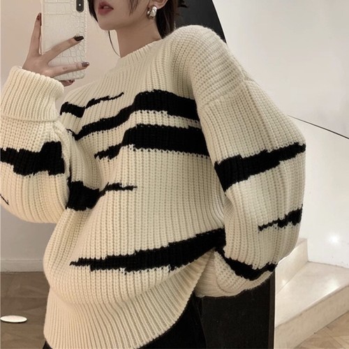 Women Thick Zebra Striped Knitted Sweater Tops Round Neck Long Sleeve Loose Tops - Picture 4 of 8