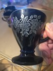 Hazel Atlas Black Silver Flower Overlay Creamer 2 Open Sugar Set Estate JJ#104 — photo 2