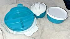 Tupperware Baby Feeding 3 Piece Set Blue White Divided Cup, Bowl, and Dish New 