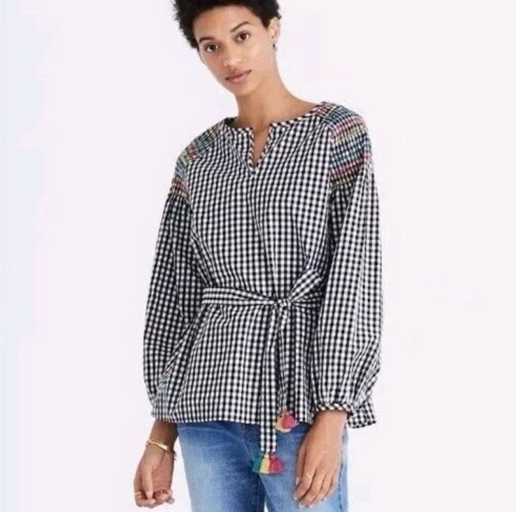 MADEWELL Smocked Black & White Gingham Plaid Embroidered Top Size: Small