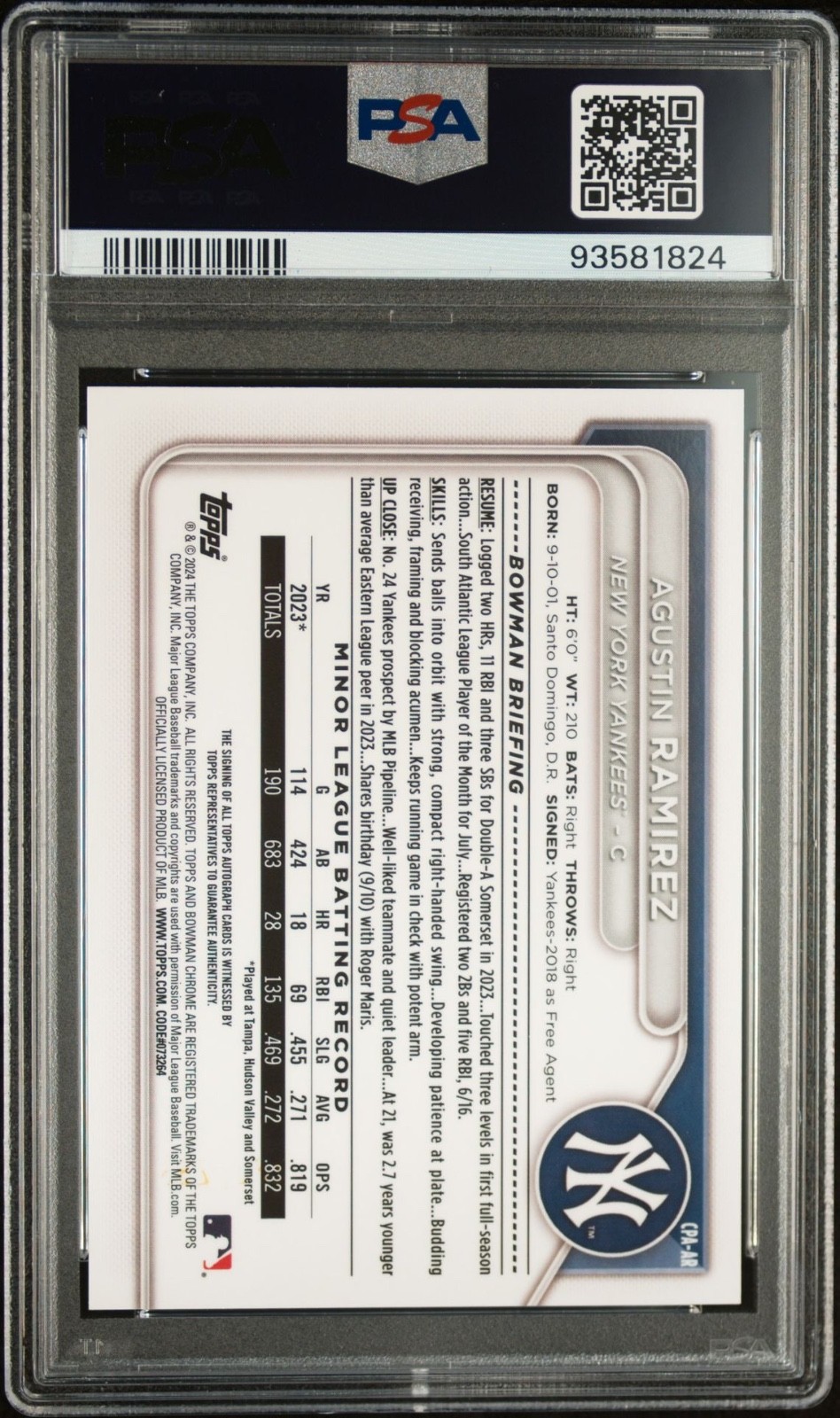 2024 Bowman Chrome Agustin Ramirez Speckle Refractor Auto /299 #CPA-AR PSA 10 view 2