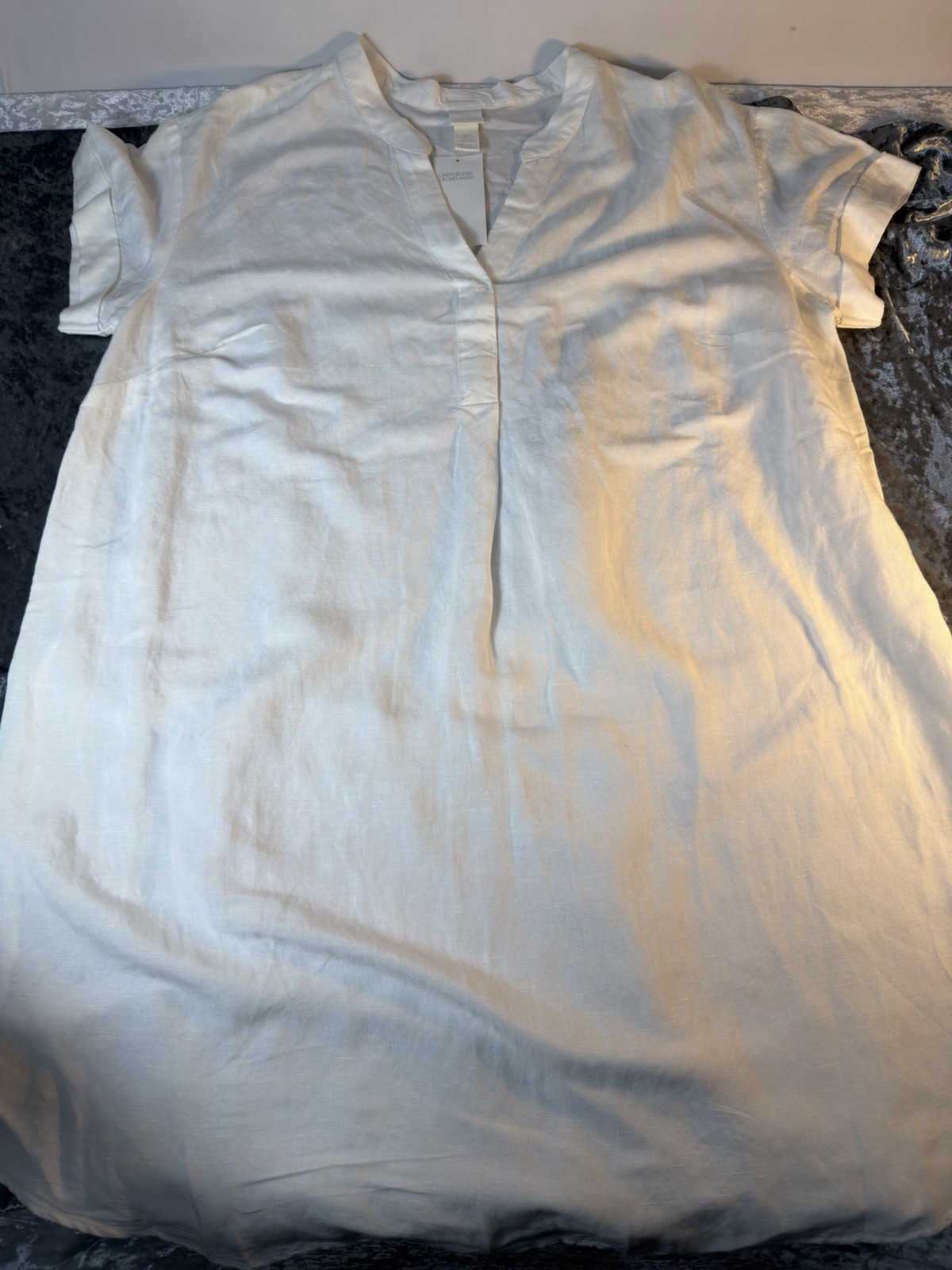 H&M Linen Blend Shift Dress White Short Sleeve V Neck Pockets Women Large NWT