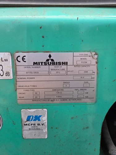 2012 Forklift/Fork Lift/Fork Lift Truck/Forktruck/Fork Truck Mitsubishi 2.5T LPG - Picture 9 of 12