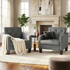 Grey Accent Chairs Set of 2 Wide Comfy Arm Chairs Living Room Office Tufted Club