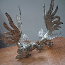 Pair of Vintage Fighting Cockerels Silver Plated Roosters Hens