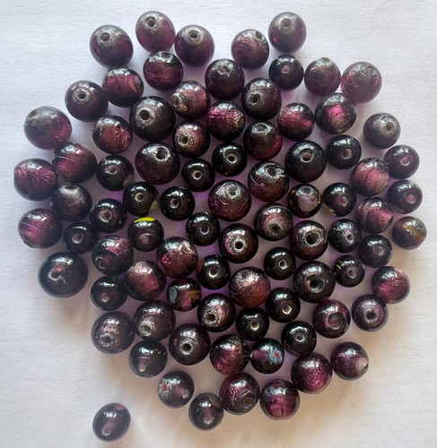 100 Vintage PLUM PURPLE Beads w/ Silver Cores & Millefiore Spots Ethnic 9.5-12mm