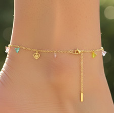 Boho 18K Gold Plated Anklet | Delicate Heart Charm Design with Multicolor CZ