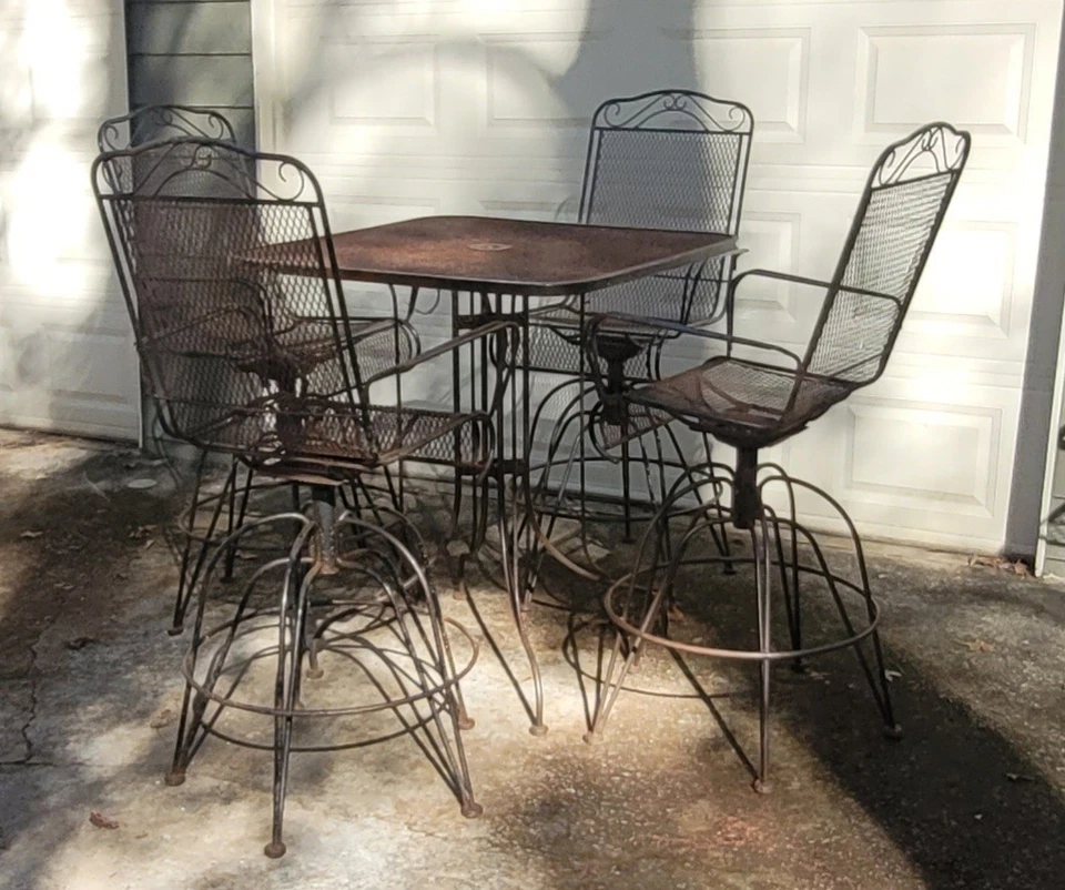 Vintage Wrought Iron Tall 5-Piece Bar Height Dining Patio Set Swivel Chairs - Image 3 of 4