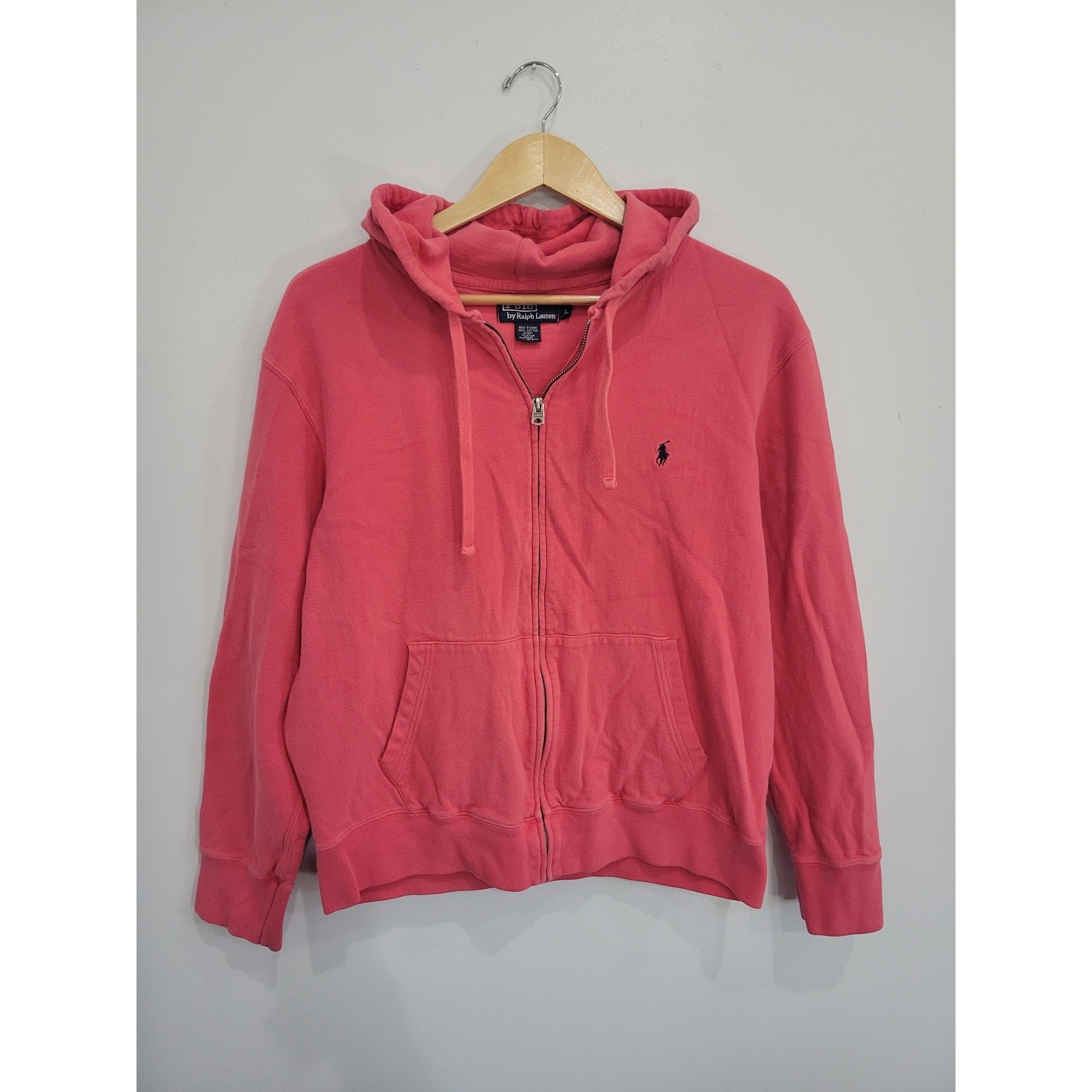 Vtg Polo Ralph Lauren Mens Large Red Pique Full Zip Hoodie Embroidered Pony Logo