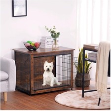 Rustic Brown Wood Dog Crate Furniture, Double Doors