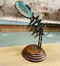 Antique Vintage Brass Magnifying Glass with Adjustable Stand  Wooden Base