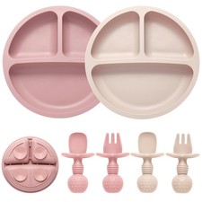 Eascrozn Silicone Feeding Set, 2 Pack Divided Toddler Plates with Suction, 2