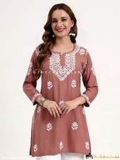 Coral Rayon Chikankari Short Kurta, Hand-Embroidered Short Kurti Top For Women