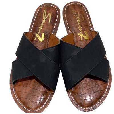 Seven7 Jesse Black Crisscross Slide Sandals Brown Croc Embossed Flat Size 7
