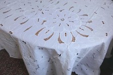 GROSSES VINTAGE BAUMW HANDARBEIT TAFELTUCH RICHELIEU BLÜTEN STICKEREI 270x170T40