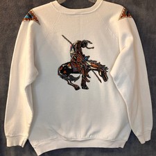 Vintage Southwestern Warrior Horse Embroidered Medium Sweatshirt Cream Crewneck