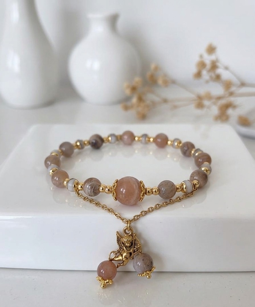 Bracelet Daniela en acier inoxydable et véritable pierre de lune vintage