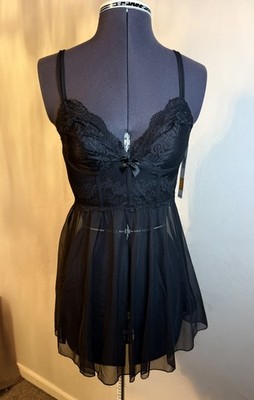 DKNY Babydoll Lingerie Womens Small Black Lace Sheer Mesh Nightie Sleepwear Sexy