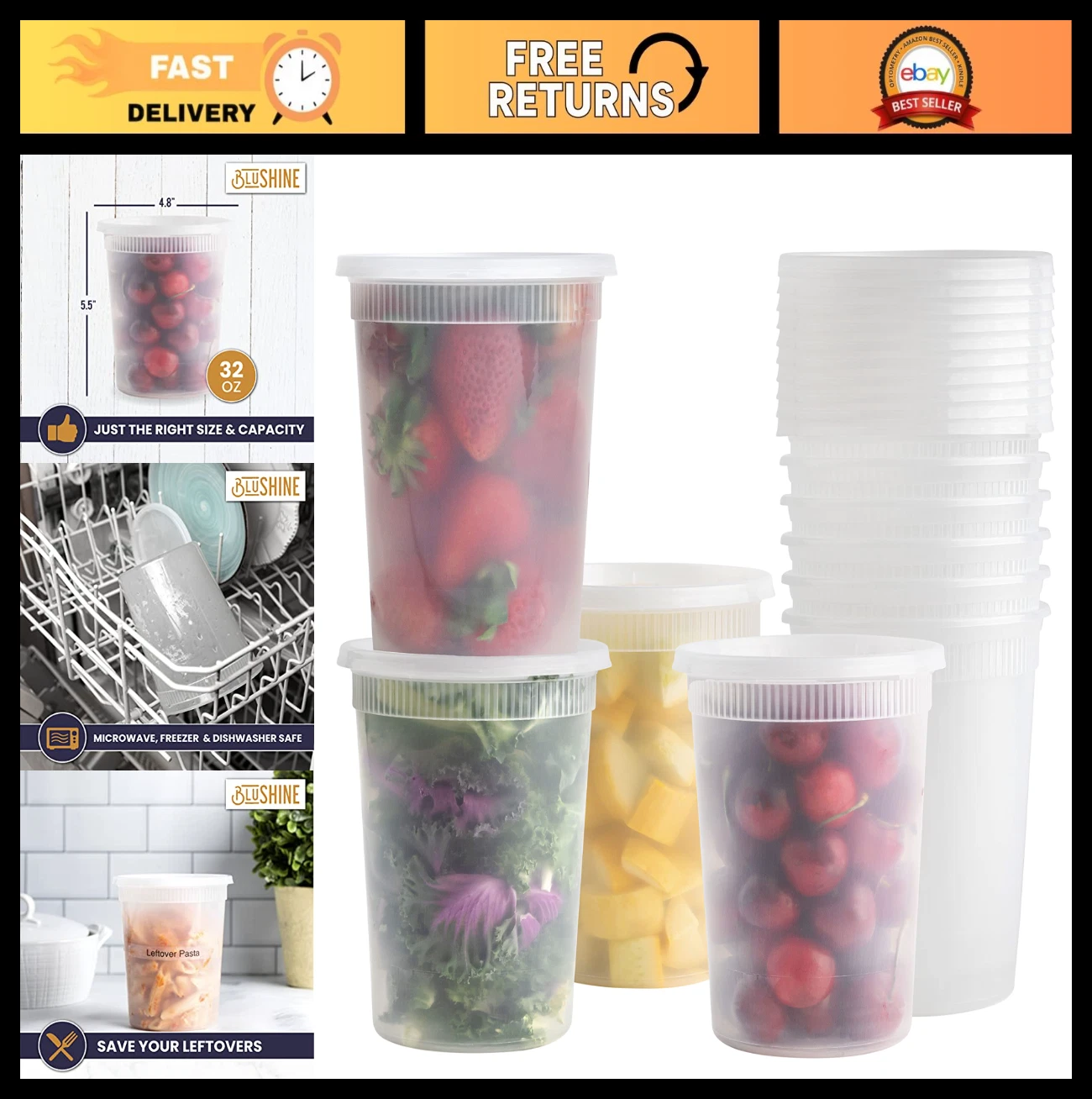 32 oz Plastic Deli Food Storage Containers - 24 Sets, Airtight, Leak Proof, Reus