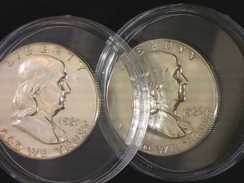 TWO BU SILVER 1961P AND 1962D FRANKLIN HALF DOLLARS 50C MS UNGRADED, UNCERTIFIED