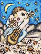 Night Beach 11x14 Art Print wall art Cubism Abstract Artist KSAMS Guitar Woman