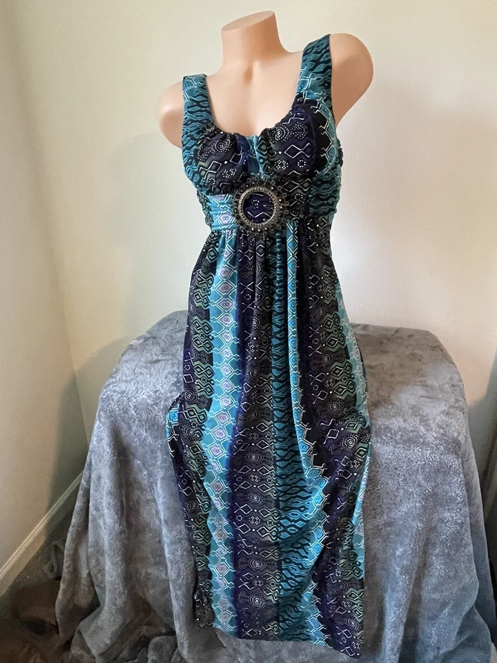 Vestido maxi Nicole Miller tamanho M medalhão abstrato sem mangas compridas 5006 Bling - Imagem 2 de 4