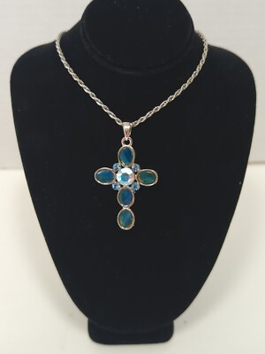 Vintage Cookie Lee Aqua Jeweled Pendant Cross Nickel Free 