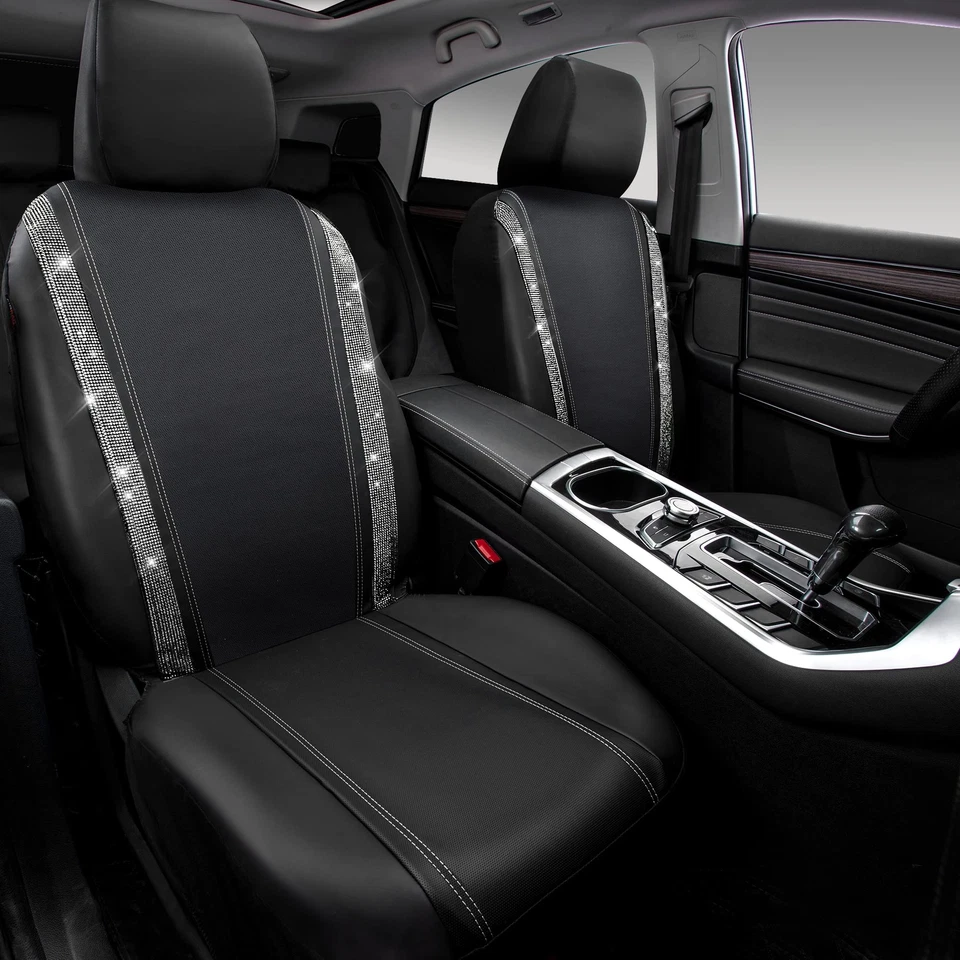 Fundas de asiento de coche de cuero Diamond Bling, 2 juegos delanteros, estrás negro plateado Foto 2 de 4