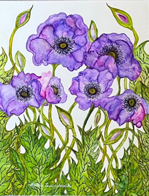 PAINTING WATERCOLOR ORIGINAL POPPY FLOWERS PURPLE GREEN 11X14 & BLACK MAT 16X20